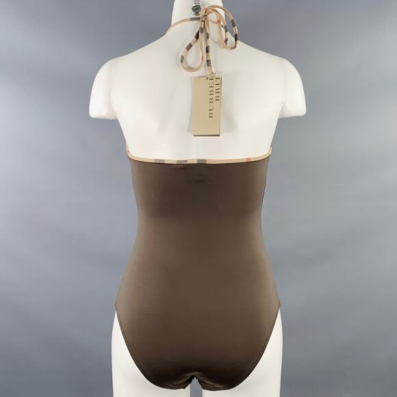 BURBERRY BRIT Size S Brown Beige Polyamide Blend Contrast Trim Swimsuit - Picture 3 of 8
